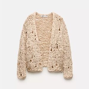 Zara linen blend ribbon knit open cardigan in ecru size XS/S